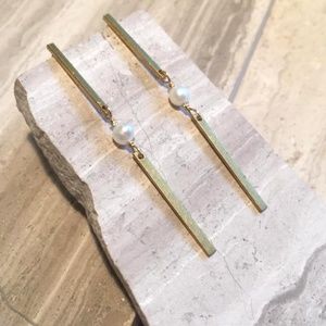 Long Brass bar w/ Pearl — Post Earrings